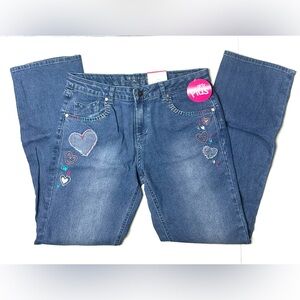 Total Girl Jeans Girls 14 1/2 Straight‎ Leg Adjustable Waist Heart Embroidered